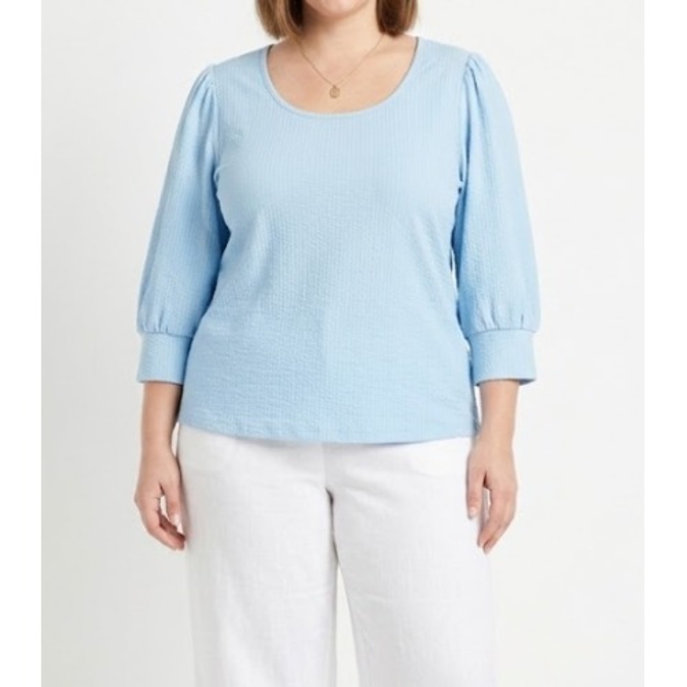 Talbots Top 3XP Blue 3/4 Sleeve Button Cuff Textured Knit Scoop Neck Feminine